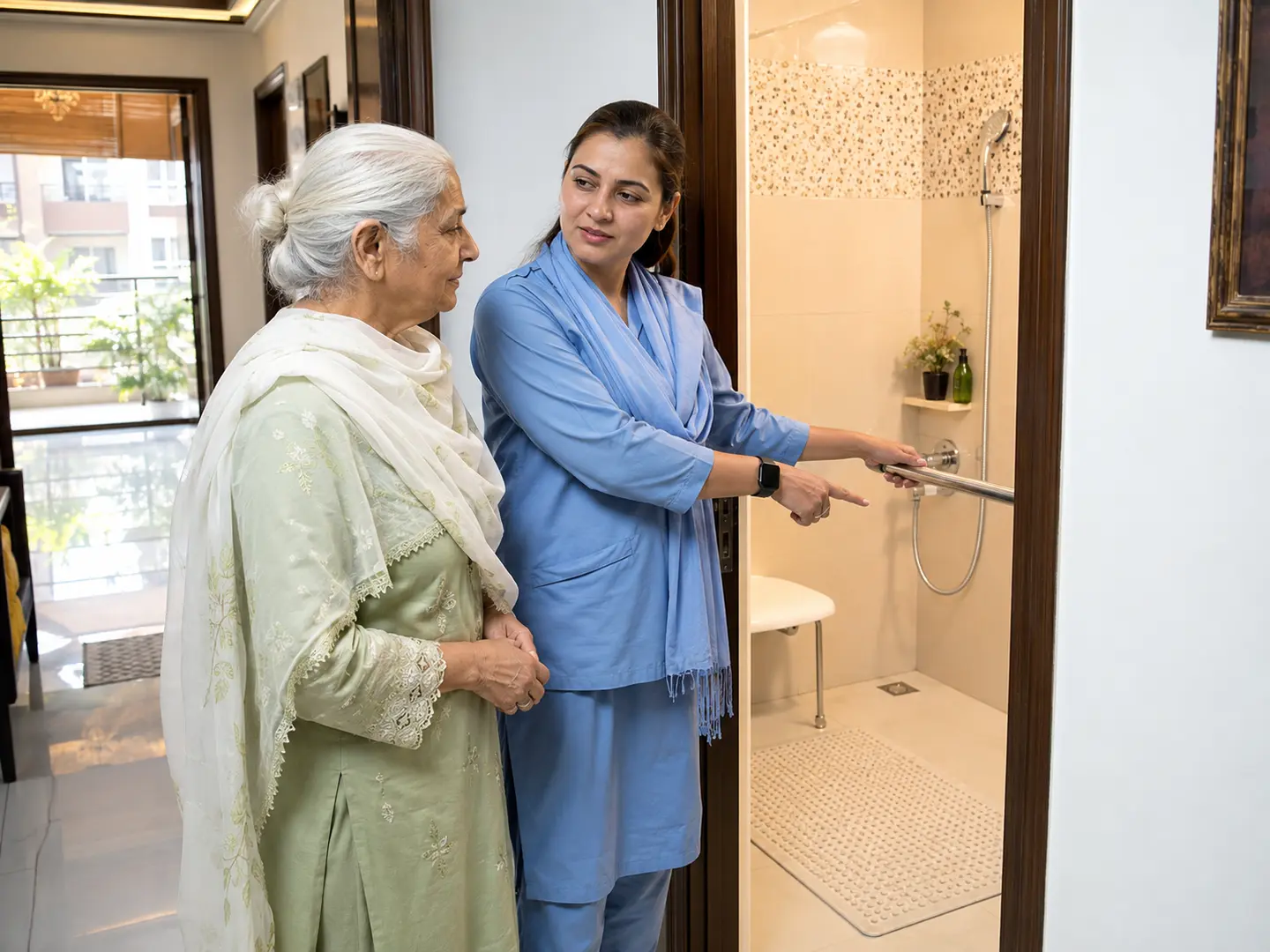 Home care professional reviewing a safer bathroom setup with an elderly woman