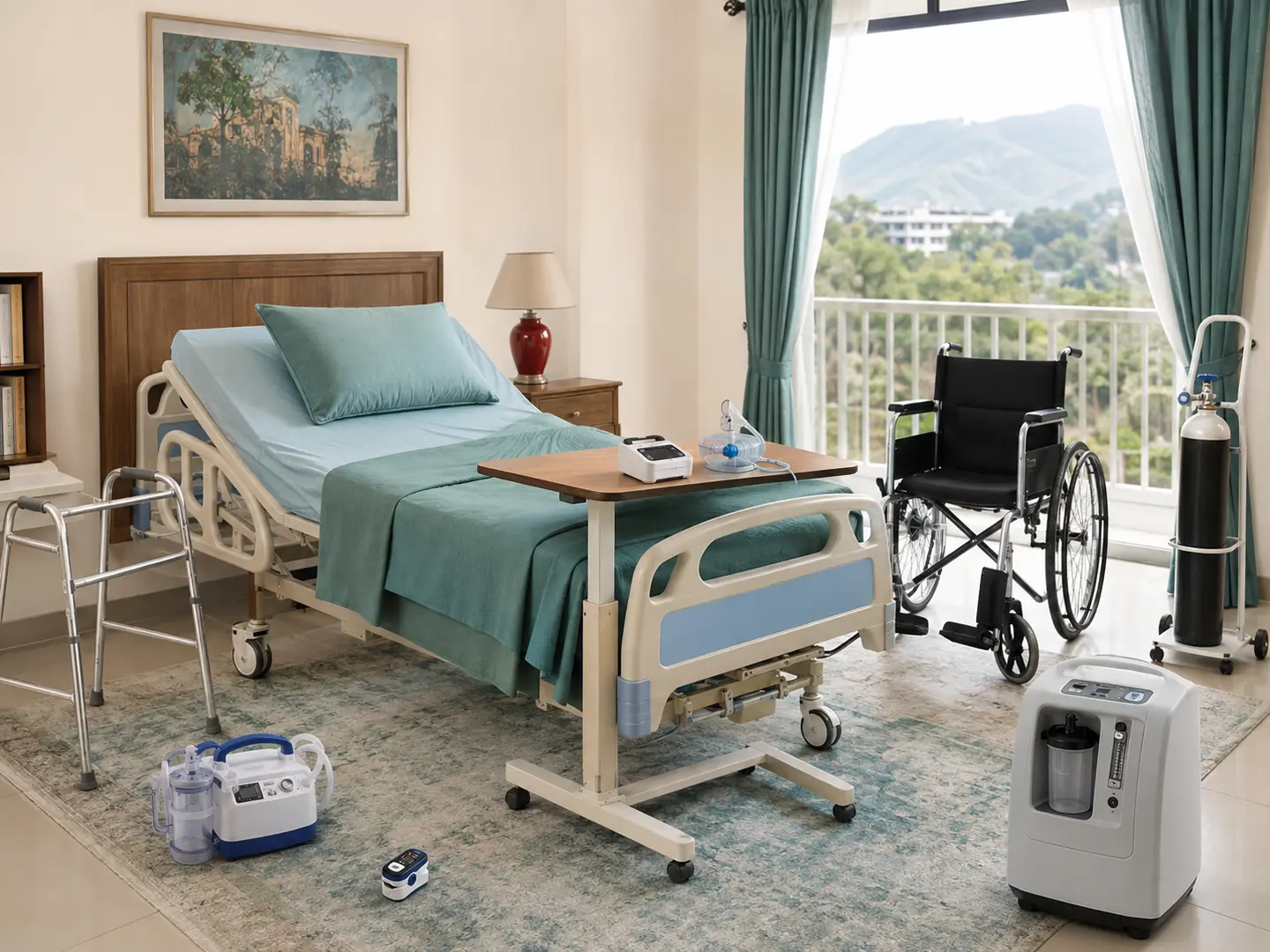 Home medical equipment including patient bed, wheelchair, oxygen and monitoring devices